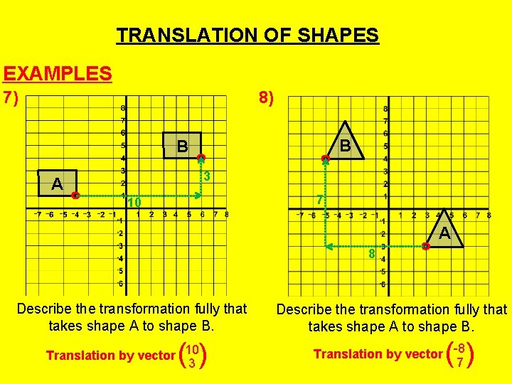TRANSLATION OF SHAPES EXAMPLES 7) 8) B B 3 A 7 10 A 8