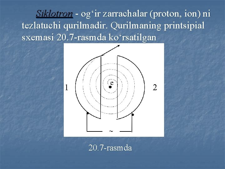 Siklotron - og‘ir zаrrаchаlаr (proton, ion) ni tezlаtuchi qurilmаdir. Qurilmаning printsipiаl sxemаsi 20. 7