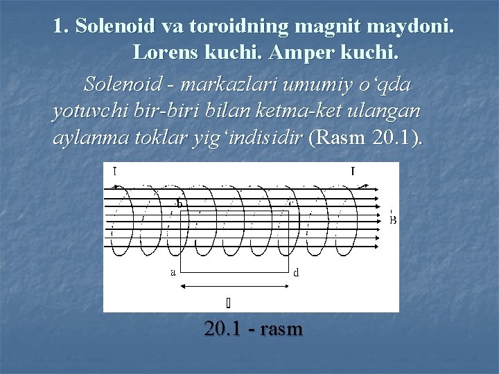 1. Solenoid va toroidning magnit maydoni. Lorens kuchi. Amper kuchi. Solenoid - mаrkаzlаri umumiy