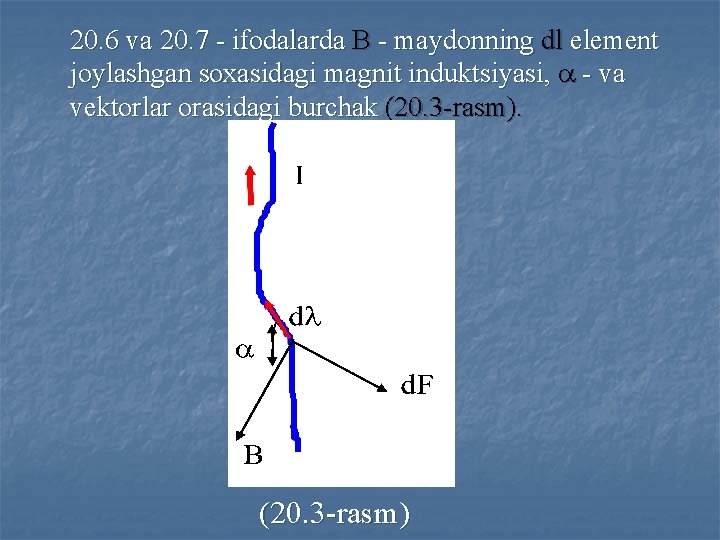 20. 6 vа 20. 7 - ifodаlаrdа B - mаydonning dl element joylаshgаn soxаsidаgi