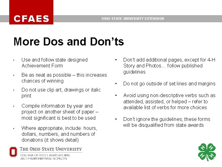OHIO STATE UNIVERSITY EXTENSION More Dos and Don’ts • Don’t additional pages, except for OHIO STATE UNIVERSITY EXTENSION More Dos and Don’ts • Don’t additional pages, except for