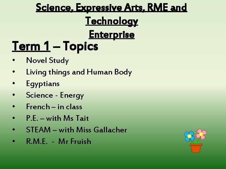 Science, Expressive Arts, RME and Technology Enterprise Term 1 – Topics • • Novel