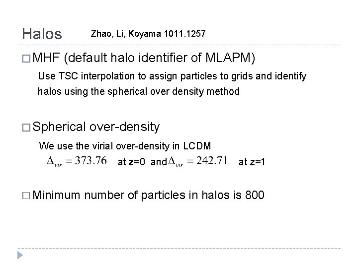 Halos � MHF Zhao, Li, Koyama 1011. 1257 (default halo identifier of MLAPM) Use