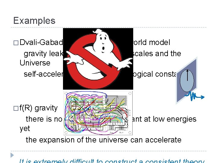 Examples � Dvali-Gabadadze-Porrati braneworld model gravity leaks into 5 D on larges scales and