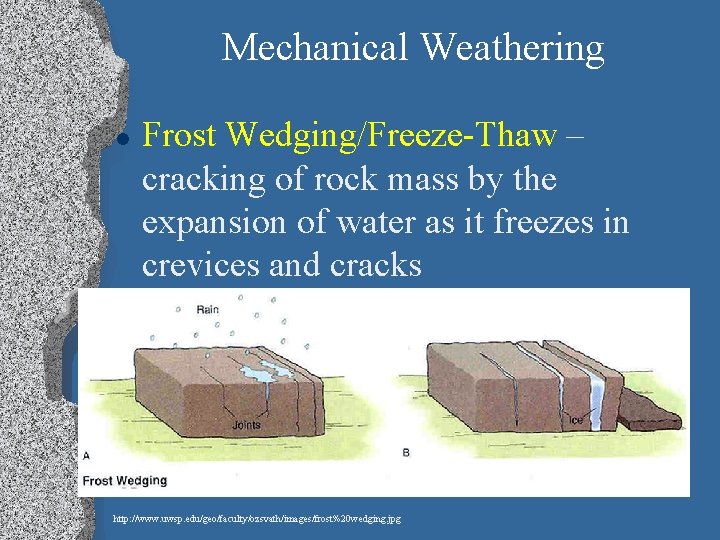Mechanical Weathering l Frost Wedging/Freeze-Thaw – cracking of rock mass by the expansion of