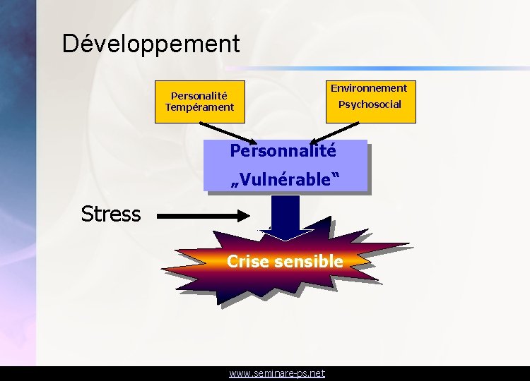 Développement Personalité Tempérament Environnement Psychosocial Personnalité „Vulnérable“ Stress Crise sensible www. seminare-ps. net 