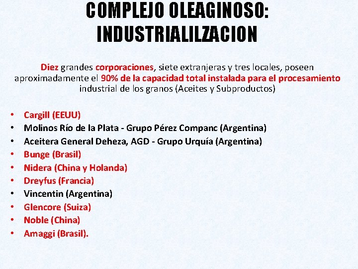 COMPLEJO OLEAGINOSO: INDUSTRIALILZACION Diez grandes corporaciones, siete extranjeras y tres locales, poseen aproximadamente el
