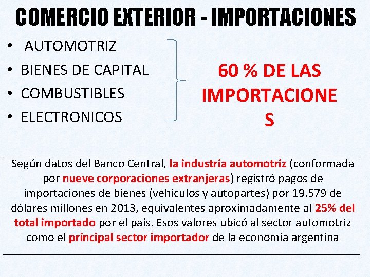 COMERCIO EXTERIOR - IMPORTACIONES • • AUTOMOTRIZ BIENES DE CAPITAL COMBUSTIBLES ELECTRONICOS 60 %