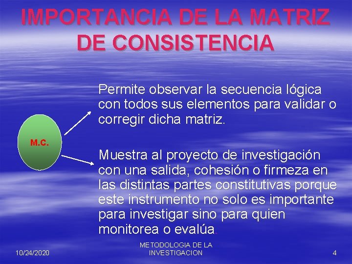 IMPORTANCIA DE LA MATRIZ DE CONSISTENCIA Permite observar la secuencia lógica con todos sus