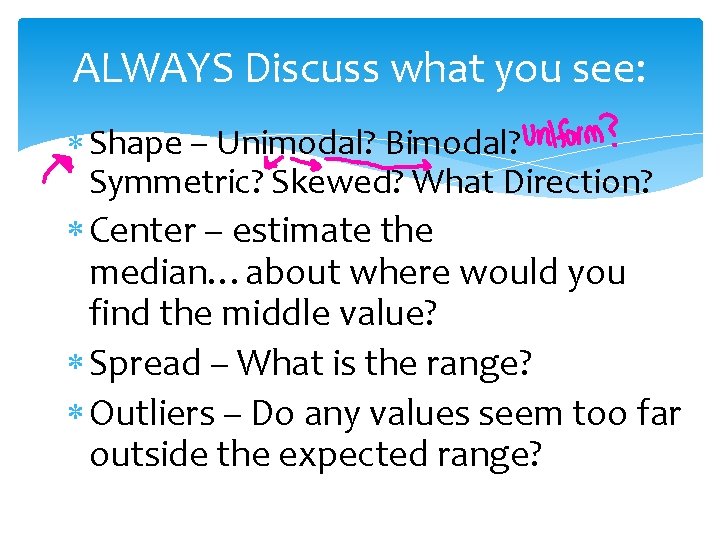 ALWAYS Discuss what you see: Shape – Unimodal? Bimodal? Symmetric? Skewed? What Direction? Center