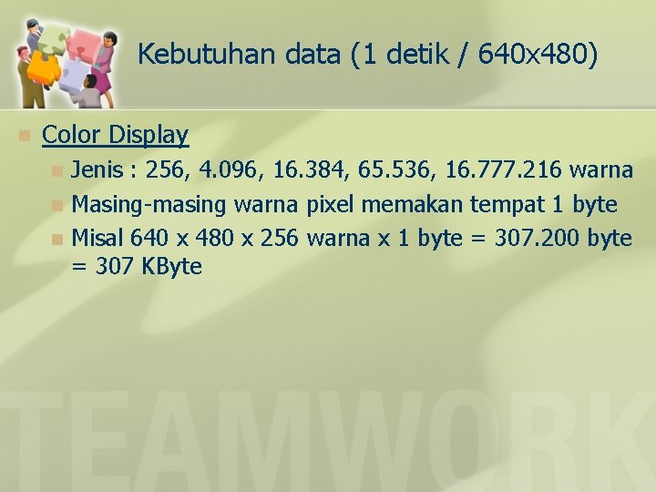 Kebutuhan data (1 detik / 640 x 480) n Color Display Jenis : 256,