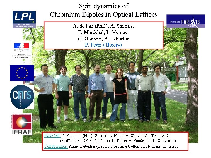 Spin dynamics of Chromium Dipoles in Optical Lattices A. de Paz (Ph. D), A.