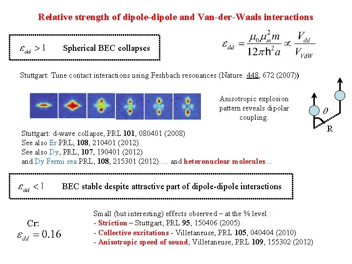 Relative strength of dipole-dipole and Van-der-Waals interactions Spherical BEC collapses Stuttgart: Tune contact interactions