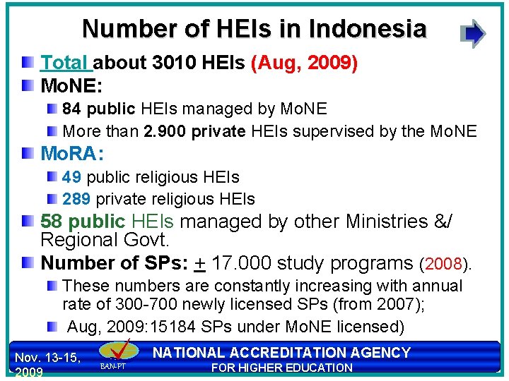 Number of HEIs in Indonesia Total about 3010 HEIs (Aug, 2009) Mo. NE: 84