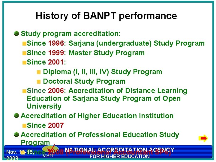 History of BANPT performance Study program accreditation: Since 1996: Sarjana (undergraduate) Study Program Since