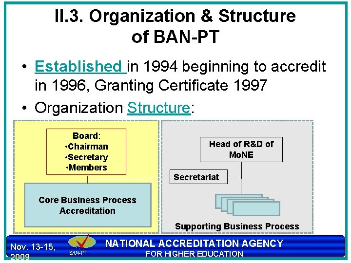 II. 3. Organization & Structure of BAN-PT • Established in 1994 beginning to accredit