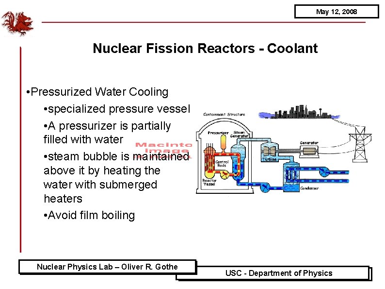 May 12, 2008 Nuclear Fission Reactors - Coolant • Pressurized Water Cooling • specialized