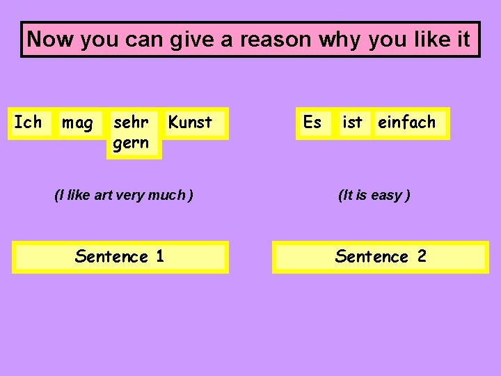 Now you can give a reason why you like it Ich mag sehr gern