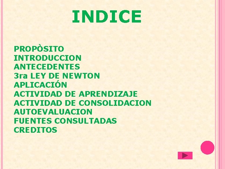 INDICE PROPÒSITO INTRODUCCION ANTECEDENTES 3 ra LEY DE NEWTON APLICACIÓN ACTIVIDAD DE APRENDIZAJE ACTIVIDAD