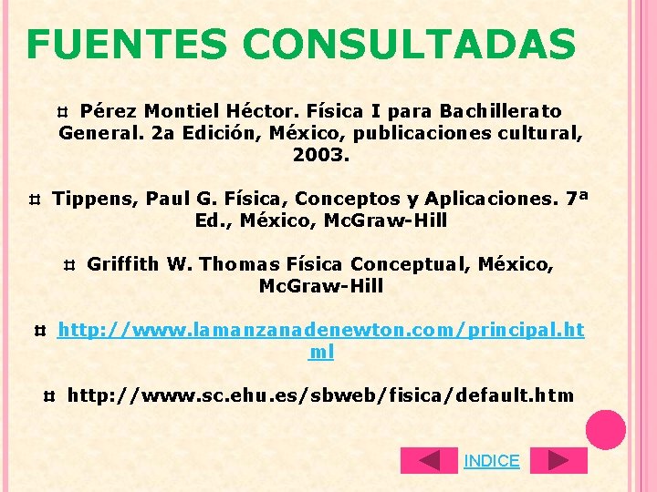 FUENTES CONSULTADAS Pérez Montiel Héctor. Física I para Bachillerato General. 2 a Edición, México,