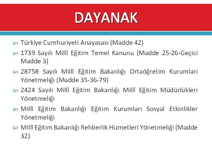 DAYANAK Türkiye Cumhuriyeti Anayasası (Madde 42) 1739 Sayılı Millî Eğitim Temel Kanunu (Madde 25