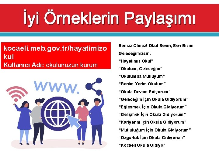 İyi Örneklerin Paylaşımı kocaeli. meb. gov. tr/hayatimizo kul Kullanıcı Adı: okulunuzun kurum kodu Şifre: