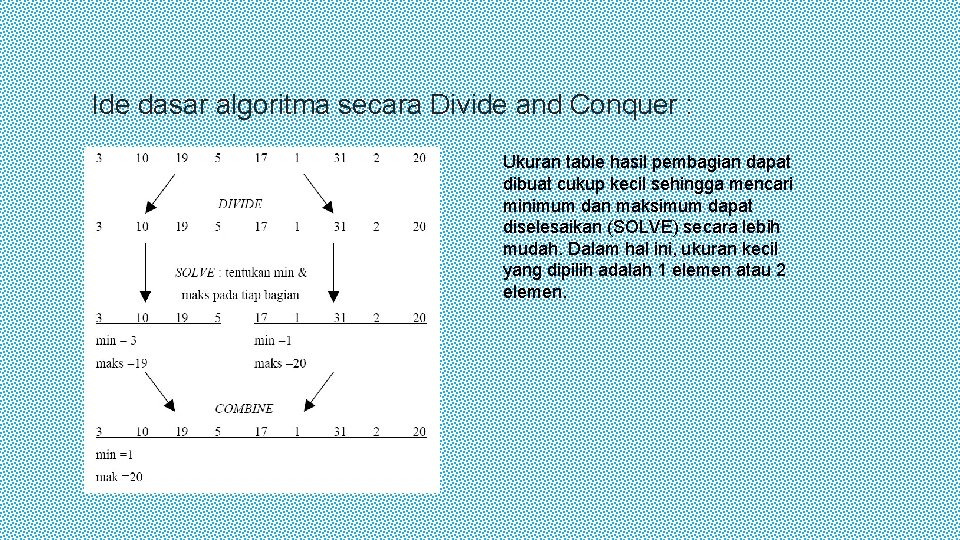 Ide dasar algoritma secara Divide and Conquer : Ukuran table hasil pembagian dapat dibuat