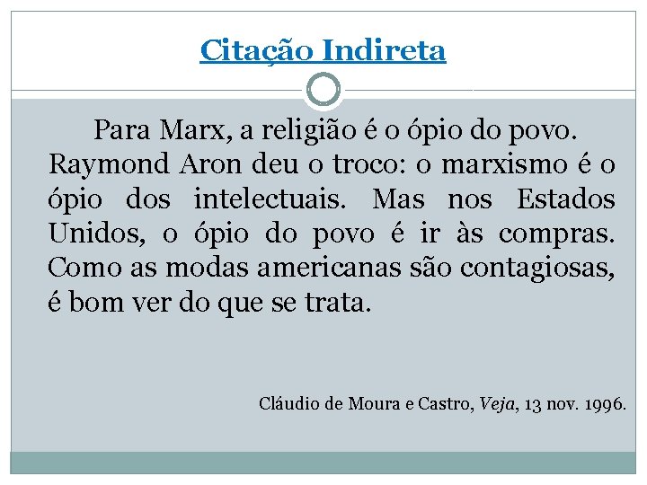 Citação Indireta Para Marx, a religião é o ópio do povo. Raymond Aron deu