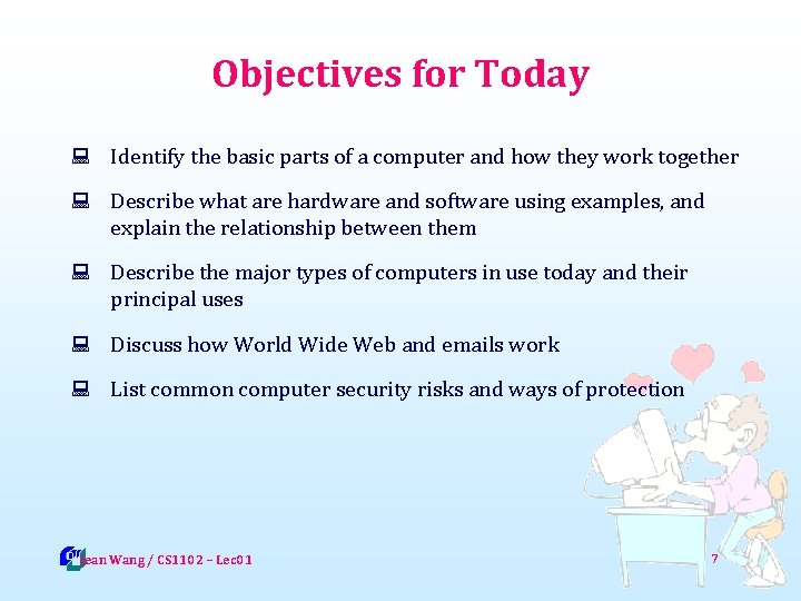 Objectives for Today : Identify the basic parts of a computer and how they
