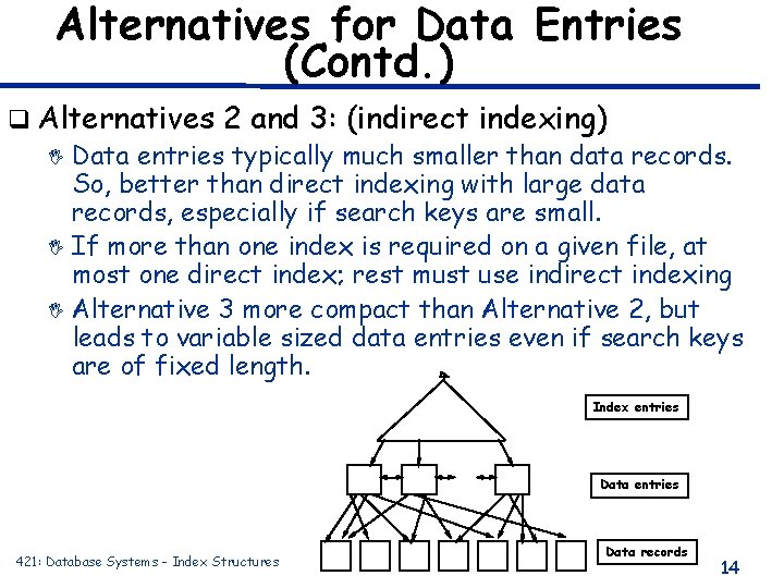 Alternatives for Data Entries (Contd. ) q Alternatives 2 and 3: (indirect indexing) I