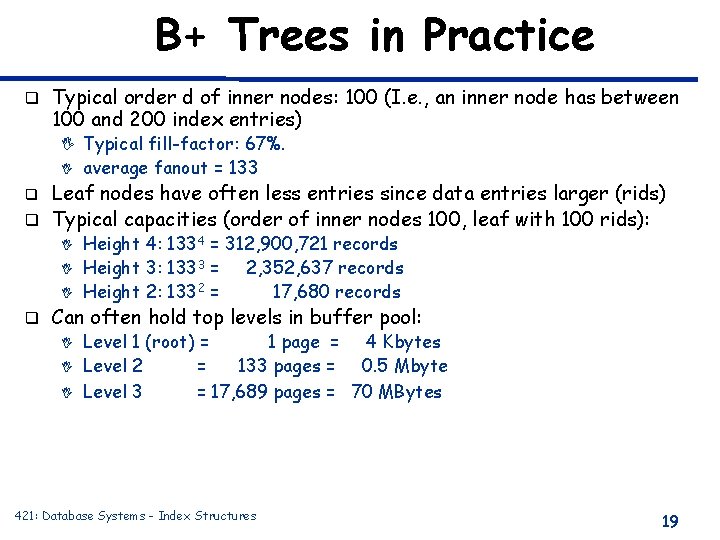 B+ Trees in Practice q Typical order d of inner nodes: 100 (I. e.