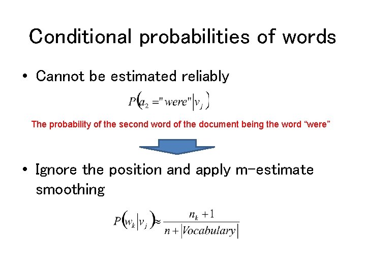 Conditional probabilities of words • Cannot be estimated reliably The probability of the second Conditional probabilities of words • Cannot be estimated reliably The probability of the second