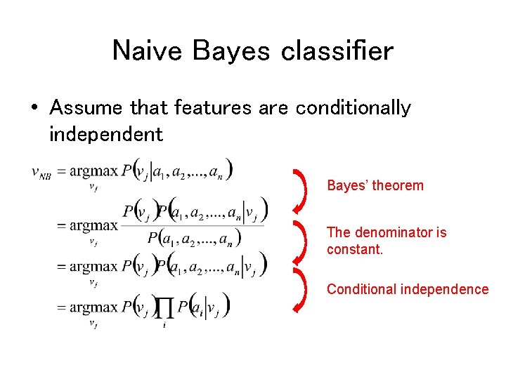 Naive Bayes classifier • Assume that features are conditionally independent Bayes’ theorem The denominator