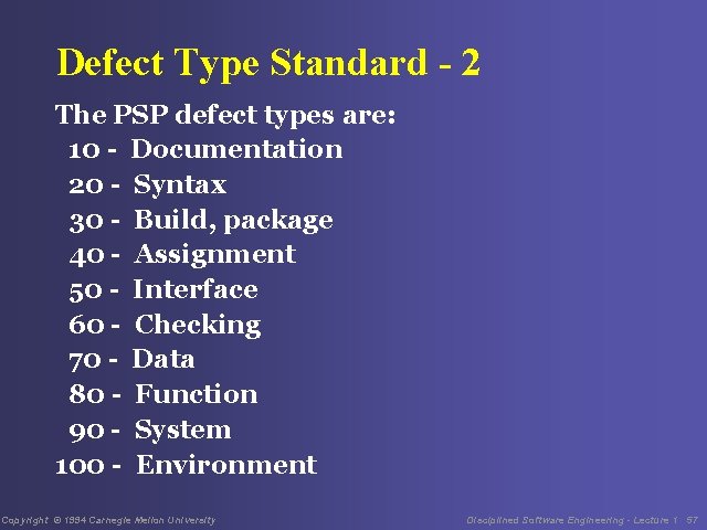 Defect Type Standard - 2 The PSP defect types are: 10 - Documentation 20