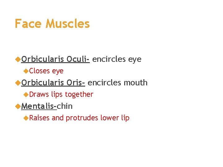 Face Muscles Orbicularis Closes eye Orbicularis Draws Oculi- encircles eye Oris- encircles mouth lips