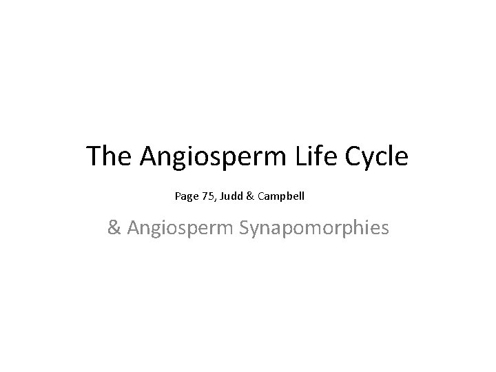 The Angiosperm Life Cycle Page 75, Judd & Campbell & Angiosperm Synapomorphies 