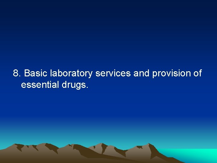 8. Basic laboratory services and provision of essential drugs. 