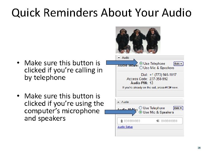 Quick Reminders About Your Audio • Make sure this button is clicked if you’re
