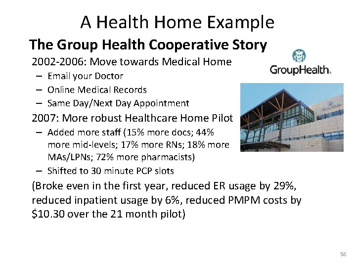 A Health Home Example The Group Health Cooperative Story 2002 -2006: Move towards Medical