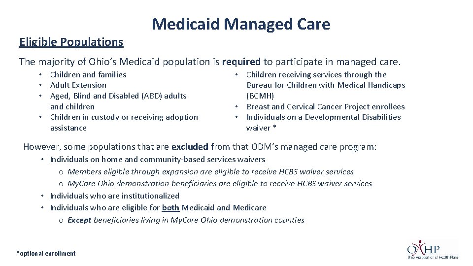 Eligible Populations Medicaid Managed Care The majority of Ohio’s Medicaid population is required to