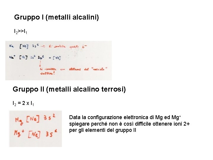 Gruppo I (metalli alcalini) I 2>>I 1 Gruppo II (metalli alcalino terrosi) I 2