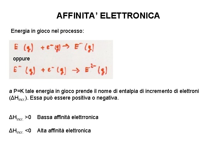 AFFINITA’ ELETTRONICA Energia in gioco nel processo: oppure a P=K tale energia in gioco