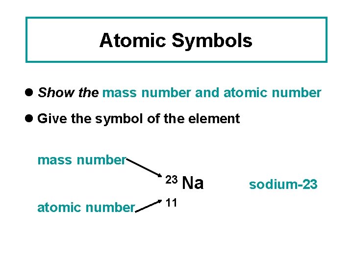 Atomic Symbols l Show the mass number and atomic number l Give the symbol