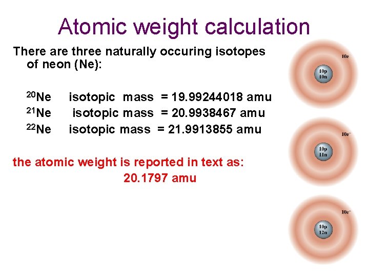 Atomic weight calculation There are three naturally occuring isotopes of neon (Ne): 20 Ne