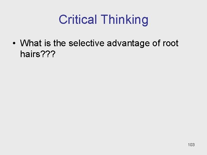 Critical Thinking • What is the selective advantage of root hairs? ? ? 103 Critical Thinking • What is the selective advantage of root hairs? ? ? 103