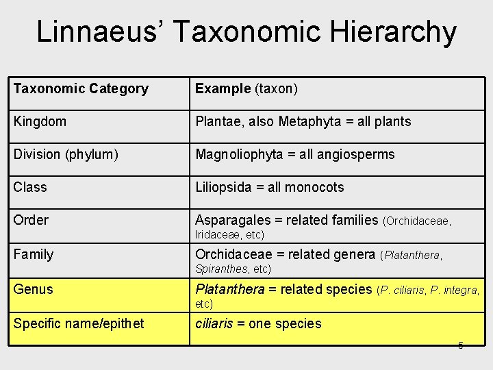Linnaeus’ Taxonomic Hierarchy Taxonomic Category Example (taxon) Kingdom Plantae, also Metaphyta = all plants Linnaeus’ Taxonomic Hierarchy Taxonomic Category Example (taxon) Kingdom Plantae, also Metaphyta = all plants