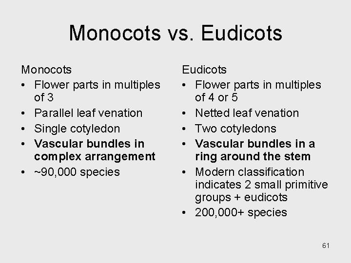 Monocots vs. Eudicots Monocots • Flower parts in multiples of 3 • Parallel leaf Monocots vs. Eudicots Monocots • Flower parts in multiples of 3 • Parallel leaf