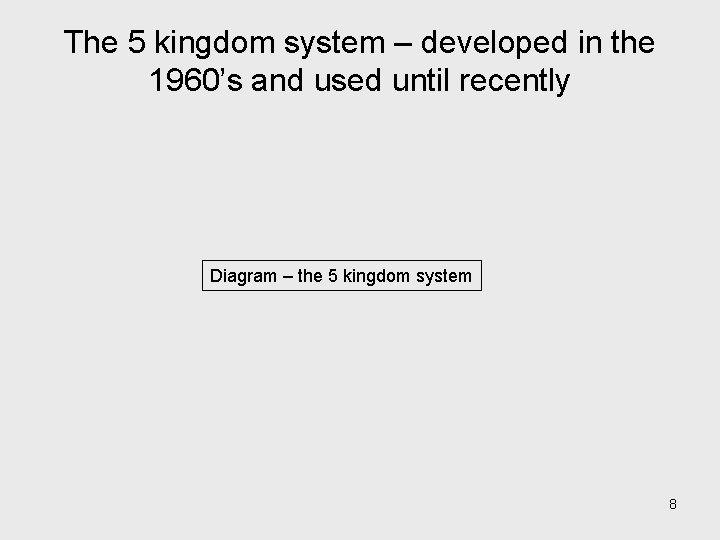 The 5 kingdom system – developed in the 1960’s and used until recently Diagram The 5 kingdom system – developed in the 1960’s and used until recently Diagram