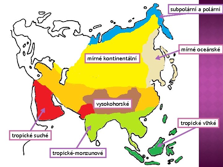subpolární a polární mírné oceánské mírné kontinentální vysokohorské tropické vlhké tropické suché tropické-monzunové 