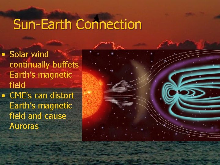 Sun-Earth Connection • Solar wind continually buffets Earth’s magnetic field • CME’s can distort